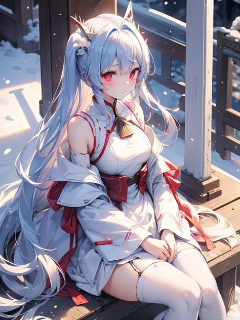 snow woman、Japan female in her 20s、komono、long hem、lightblue hair、short-cut、Long sideburns、bouncy back hair、red eyes、Red band、Abundant udder、You can see the chest、Sitting down with a sad expression、Snowstorm and snowflakes on the background