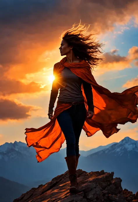 A determined woman with tattered clothing, standing atop a rugged mountain peak, victorious energy emanating from her silhouette against the dramatic sunset backdrop, her eyes reflecting determination, survival, strength, her tousled hair whipped by the co...