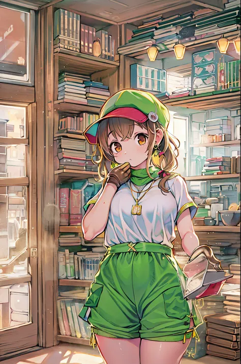 (masutepiece:1.3), (Best Quality:1.3),Indoors,bookshelf,window,Solo,1girl in, Raysarin_stout, Upper body, Standing,Brown hair, Brown eyes, Solo, hair clips, earrings, Jewelry, Short_hair, white_Hats, hat, hair_ornament detached, brown_gloves, Necklace, Sho...