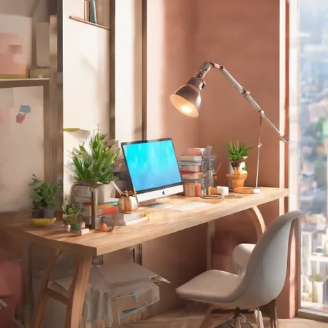 a desk, Viewed vertically from above, Organize books, NOhumans, close look，There is a clean and artistic flowerpot