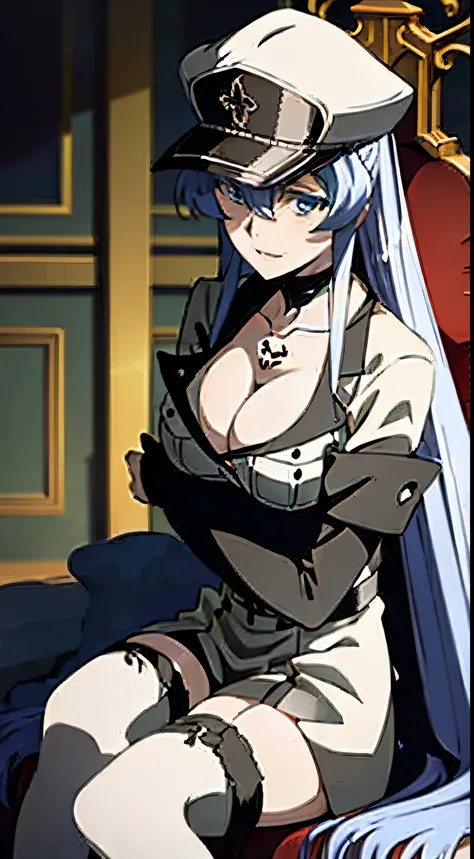 masterpiece, best quality, very detailed 
Esdeath, 1girl, solo, long_hair, breasts, large_breasts, thighhighs, hat, cleavage, boots, choker, uniform, zettai_ryouiki, military, military_uniform, front view, portrait,cruel smile,look at viewer, body,sitting