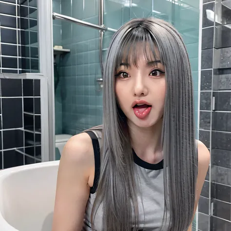 there is a woman sticking her tongue out in a bathroom, long ashy hair, straight grey hair, dark gray hair, some grey hair, tongue out, grey hair, bbwchan, thicc, long grey hair, asian girl with long hair, half asian, black and grey, with dark grey hair, c...