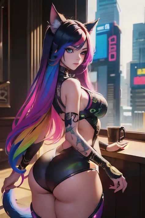 beautiful photorealistic photograph of a cyberpunk catgirl with long multicolor hair and swishing tail, ((Best quality)), ((masterpiece)), (detailed: 1.4), depth of field f/2.8,