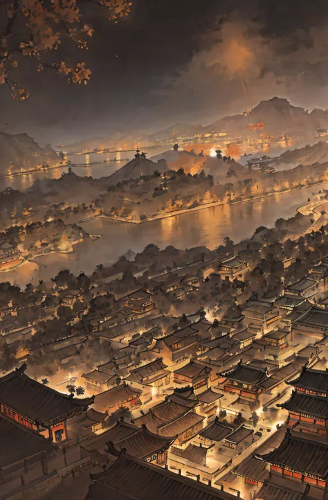 Ancient Chinese city，Ancient architecture Light brown tones， in a panoramic view， A detailed，