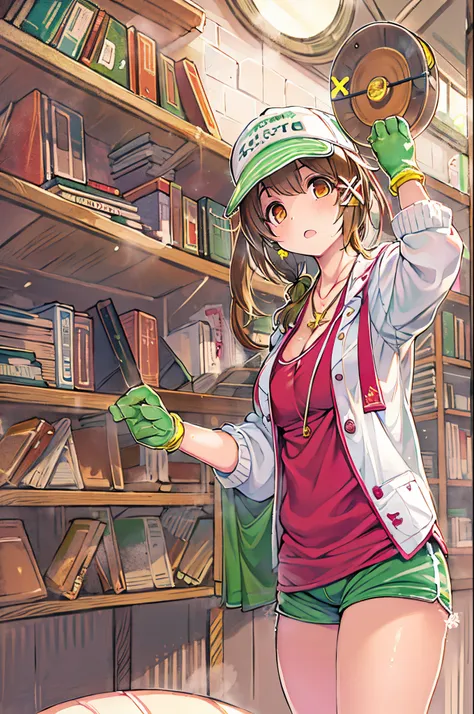 (masutepiece:1.3), (Best Quality:1.3),Indoors,bookshelf,window,Solo,1girl in, Raysarin_stout, Upper body, Standing,Brown hair, Brown eyes, Solo, hair clips, earrings, Jewelry, Short_hair, white_Hats, hat, hair_ornament detached, brown_gloves, Necklace, Sho...