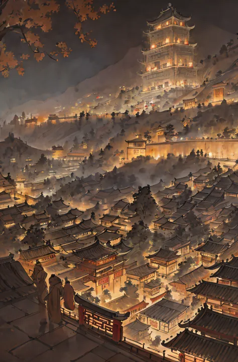 Ancient Chinese city，Ancient architecture Light brown tones， in a panoramic view， A detailed，