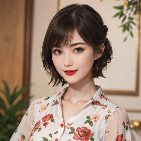 109
(a 20 yo woman,is standing), (A hyper-realistic), (high-level image quality), ((beautiful hairstyle 46)), ((short-hair)), (Gentle smile), (Keep your mouth shut), (lipsticks), (breasted:1.1), Floral clothing