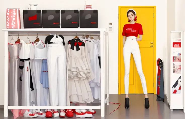 Araffe girl in red shirt and white pants standing in front of a closet, cabello corto moreno, Ropa blanca de moda, Ropa de moda moderna, estudio de moda, Mi querida disfraces, Modista, Anime Barbie en Medias Blancas, Traje blanco hinchado, e-chica, E - Chi...