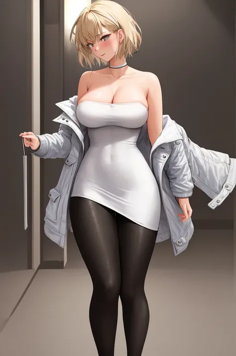 masterpiece, best quality, (1girl), white dress, lighter hair, short hair, big jacket, off shoulder, leggings, (large breasts:0.899), adult, flirting