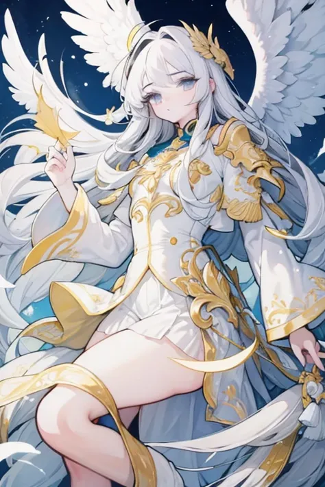 A golden white haired angel with hazel eyes and white wings with golden tips is floating in a blue sky.