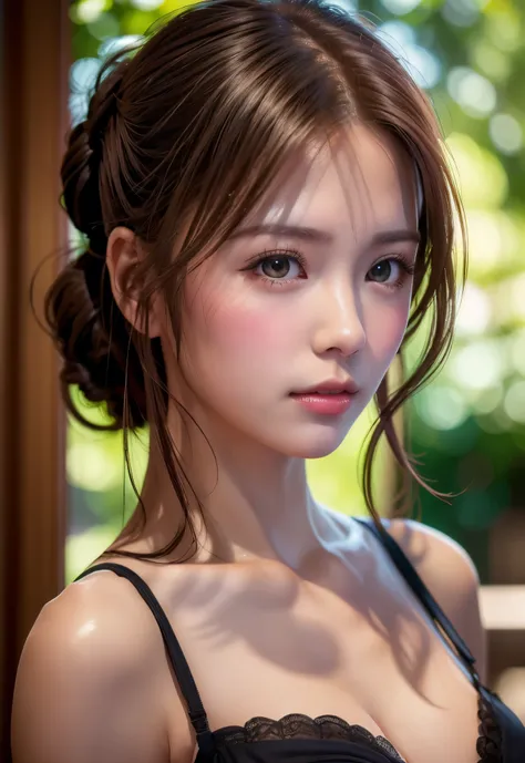 8K, of the highest quality, masutepiece:1.2), (Realistic, Photorealsitic:1.37), of the highest quality, masutepiece, Beautiful young woman, Pensive expression, Thoughtful look, sexy dress、Hair tied back, Glamorous atmosphere、Cinematic background, Light ski...