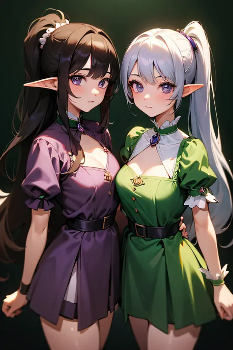 2girls, elf, same hair, identical twins, young adult, long dark brown hair, side ponytail, purple eyes, wearing matching plain green dress, simple silver jewelry, palace, absurdres, high res, ultrasharp, 8K, masterpiece, looking at viewer