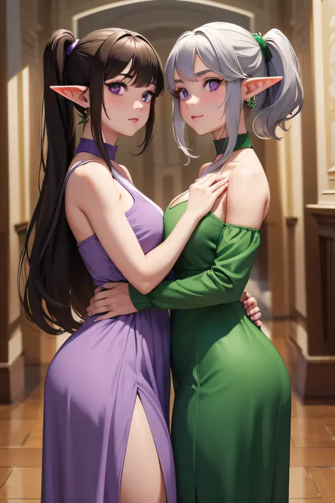 2girls, elf, same hair, identical twins, young adult, long dark brown hair, side ponytail, purple eyes, wearing matching plain green dress, simple silver jewelry, palace, absurdres, high res, ultrasharp, 8K, masterpiece, looking at viewer