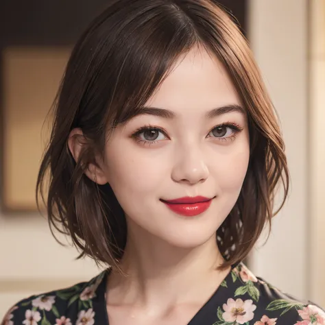 109
(a 20 yo woman,is standing), (A hyper-realistic), (high-level image quality), ((beautiful hairstyle 46)), ((short-hair)), (Gentle smile), (Keep your mouth shut), (lipsticks), (breasted:1.1), Floral clothing