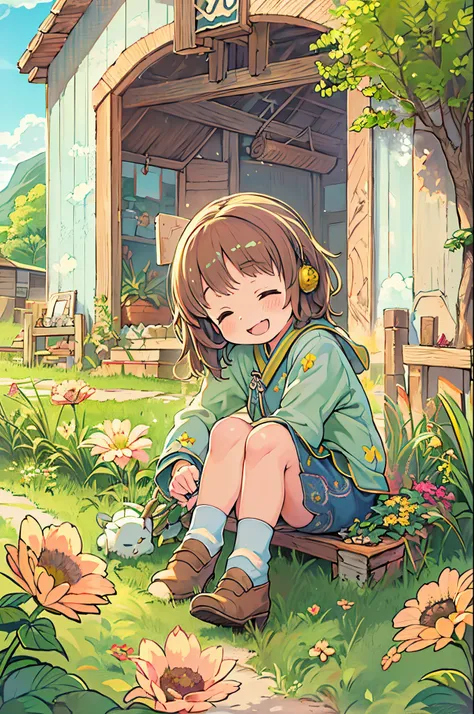 kawaii、8 years old girl、Chibi, beautiful anime scene, country scenery, Background of the field, Beautiful anime scenery, Beautiful peace scenes in anime, farming、farmhouse、 Sleep with a happy face on the grass、gentle wind