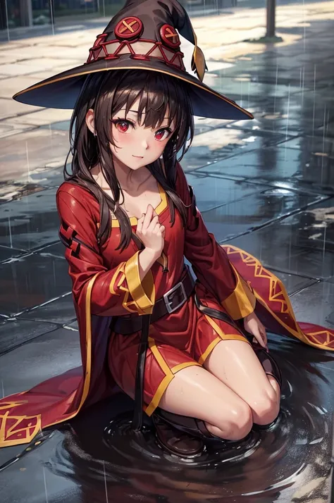 perfect female shape, (1womanl), (megumin), red robes, boots, witch's hat, ((wet with rain)), (sheer dress), looking at the came...