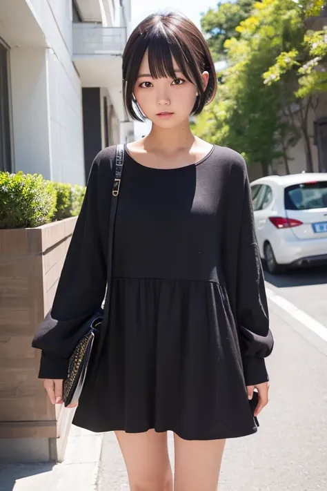 1girl in、24 year old、A dark-haired、Shorthair、BLACK casual dress