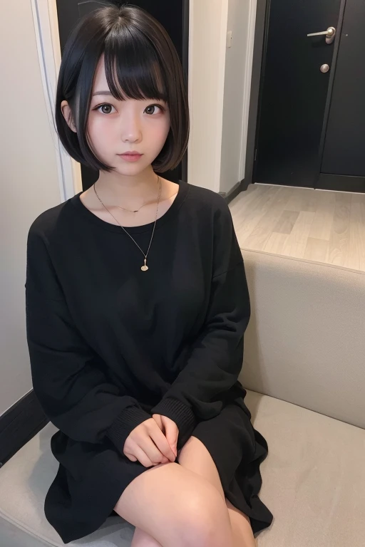 1girl in、24 year old、A dark-haired、Shorthair、BLACK casual dress