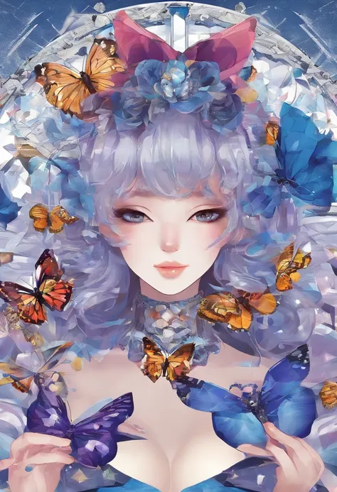 Butterfly motif、Purple and blue tones、Vibrant colors、((​masterpiece)))、(((top-quality)))、((ultra-detailliert))、(A hyper-realistic)、(highly detailed CGillustration）、From the right side、Official art、Milan at the beginning of the 20th century、Decadent、Madame ...