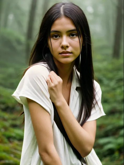 (Realistic:1.5), photorealistic, RAW photo, analog photo style, depth of field, ultra detailed photo of american indian woman, cute face, perfect body, dressed in minimalistic clothing with native and futuristic elements, 20 years old, she tilted her head ...