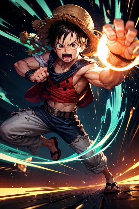 Create Luffy，wearing hat，Full body like，Punching action，without background，黑The eye，Cool expressions，robust，Broken clothes，delicated，photorealestic