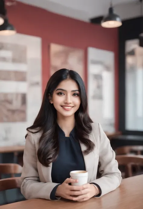 Wearing coat, upper body, overcoat, necklace on the chest, smiling at the desk in coffee cafe day with red walls nice ambience, long and straight black hair, young indian woman with holding a cup of coffee, sitting on the chair, working on the computer, st...