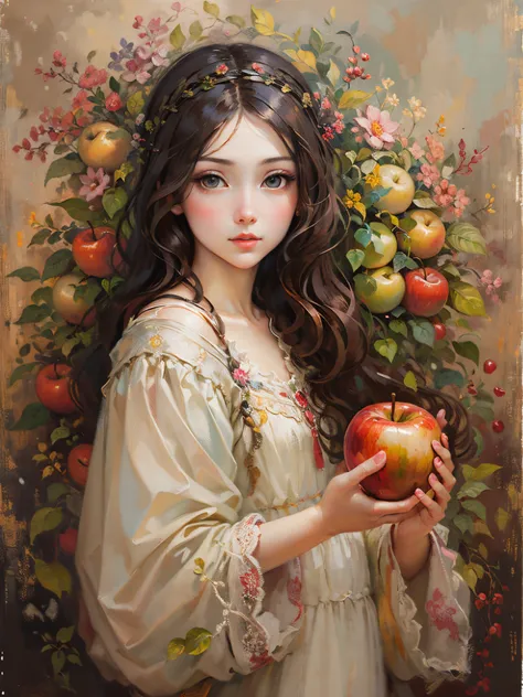 an oil painting，da vinci art style。Apple and beautiful girl, Guviz style artwork,，Artistic creativity:1.37,Sweet，Wonderful and magical，Delicate