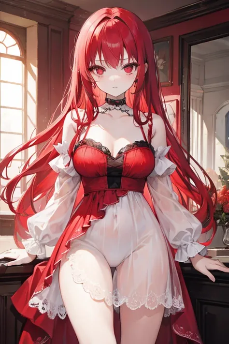 A red  haired woman with red eyes with an hourglass figure is wearing a lacy nightgown.