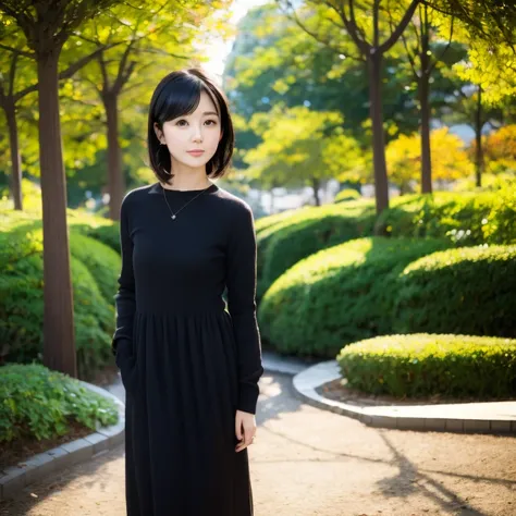 1girl in、24 year old、A dark-haired、Shorthair、Black Casual Dress、a park、autumnal