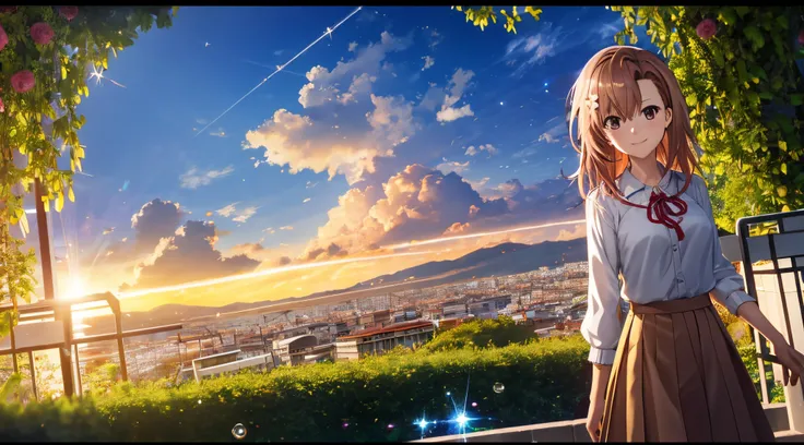 Anime view of Misaka mikoto, 1girl, teen girl, kawaii, solo, chestnut hair, hairpin,brown eyes, standing, looking at viewer,smile,golden armor,praying beads on neck, long skirt,flower fields in greek Acropolis waterfalls in background,anime style,deep dept...