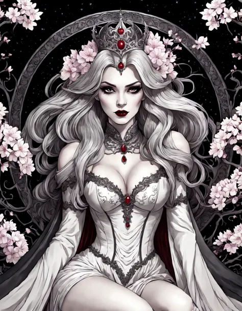 (full body shot:1.3), (low angle shot:1.3), black and white, line art, coloring drawing of beautiful ((vampire queen)) (((((looking at the viewer))))) ((sitting on a high menacing legendary thrown)), crown, long dress with rich gothic ornate, ((round frame...