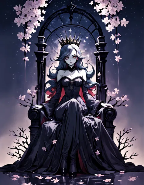 lineart, LineAniAF, (full body shot:1.3), (low angle distant shot:1.3), beautiful tall ((vampire queen)) (((sitting on a high menacing legendary thrown))), crown, long dress with rich gothic ornate, cherry blossoms, (starry ethereal night) in the backgroun...