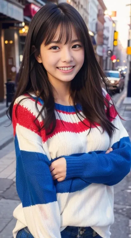 a happy smile looking at this、colorful sweater、1girl in、18year old、small tit、、a dark-haired、in the city、a slight smil、