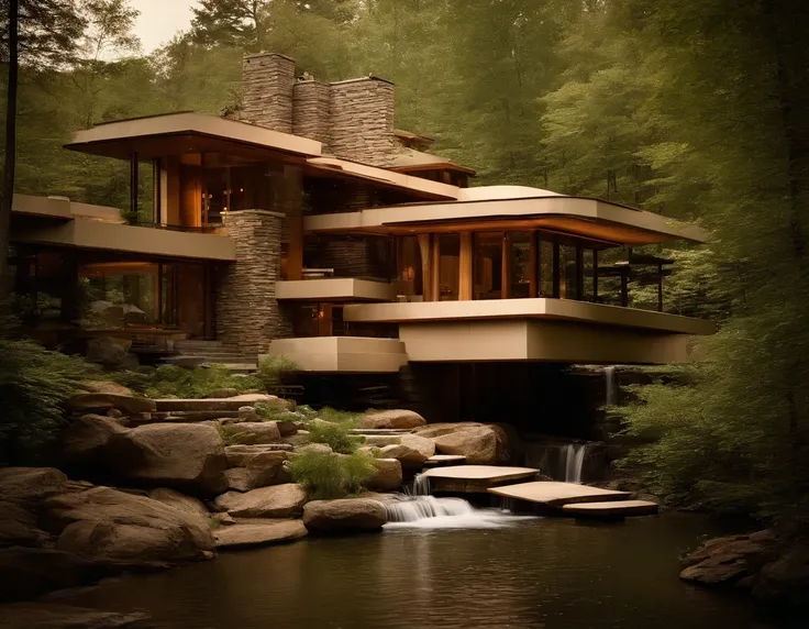 Small glass villa in the forest, futuristic wooden house, Vertical wooden panels (((Water falls))), (((one store house))) (minimalism influence), ((Frank Lloyd Wright Fallingwater)),(((with large terraces))), ((natural lake)), waterfall, one-story house, b...