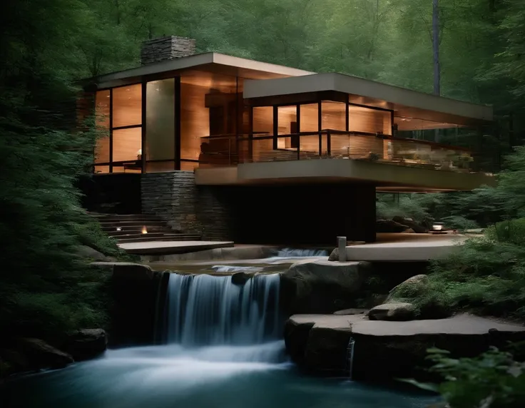 Small glass villa in the forest, futuristic wooden house, Vertical wooden panels (((Water falls))), (((one store house))) (minimalism influence), ((Frank Lloyd Wright Fallingwater)),(((with large terraces))), ((natural lake)), waterfall, one-story house, b...