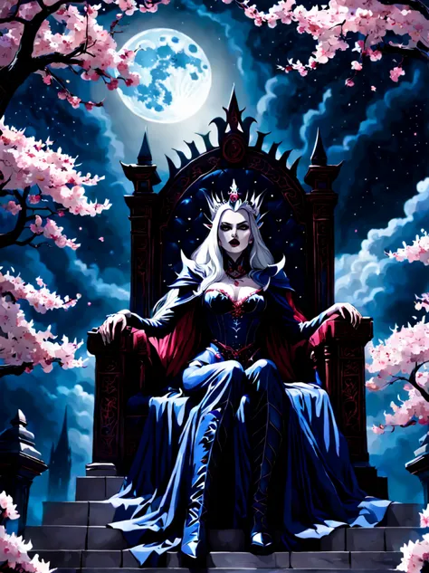 (low angle shot:1.3), (front view:1.3), grand staircase ascending towards the heavens, at the top a beautiful vampire queen ((sits upon a menacing legendary throne)) (((looking at the viewer))), surrounded by cherry blossoms floating in the air, starry eth...