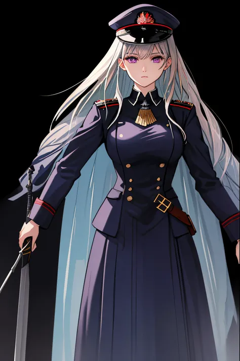 This image is a digital illustration made by MSchiffer with dynamic dark lines in cel-shaded style, showing the spectacular beauty of a young adult woman, who wears military clothing. Holding a large sword, She has grayish white hair, wears a military hat,...