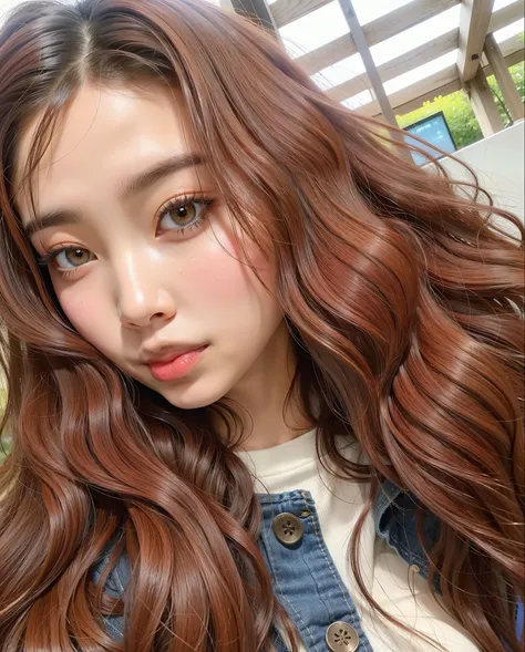 um close de uma mulher com longos cabelos castanhos vestindo uma jaqueta jeans, Ulzzang, Asian girl with long hair, com cabelos longos, cabelo castanho coral, com cabelos longos e olhos penetrantes, cabelos longos de cor castanha, large eyes and flowing lo...