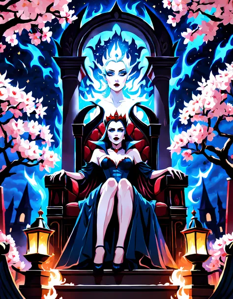 (symmetrical:1.3), (low angle shot:1.3), (front view:1.3), grand staircase ascending towards the heavens, at the top a beautiful ((vampire queen sits upon a menacing legendary throne)) (((looking at the viewer))), surrounded by cherry blossoms floating in ...