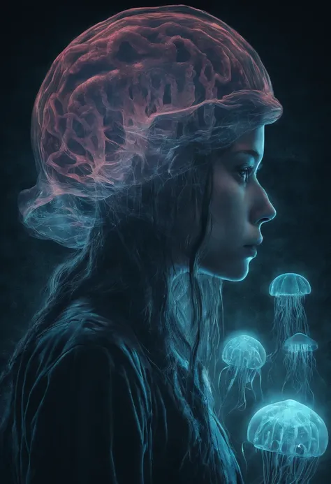 a fusion of girl and jellyfish, bioluminescent, neon lighting, ultra detail, 8k resolution,