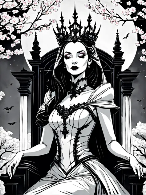 black and white lineart, LineAniAF, (symmetrical:1.3), (low angle shot:1.3), (front view:1.3), (grand staircase ascending) towards the heavens, at the top a beautiful ((vampire queen sits upon a menacing legendary throne)) (((looking at the viewer))), surr...