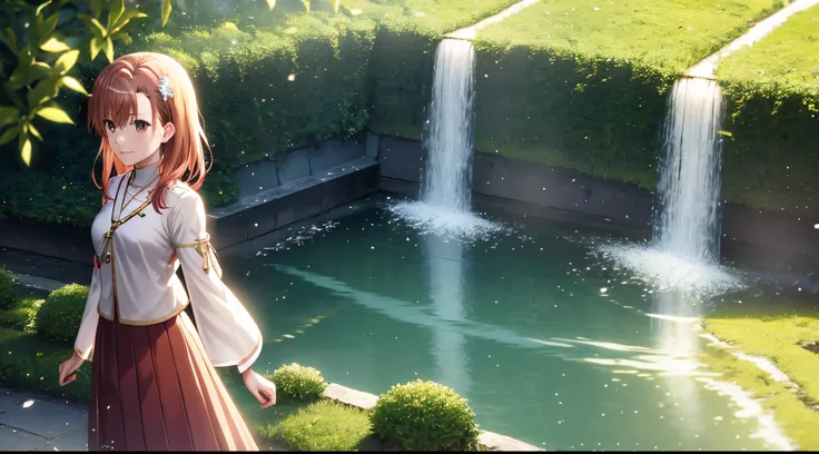 Anime view of Misaka mikoto, 1girl, teen girl, kawaii, solo, chestnut hair, hairpin,brown eyes, standing, looking at viewer,smile,golden knight armor,praying beads on neck, long skirt,flower fields in greek Acropolis waterfalls in background,anime style,de...