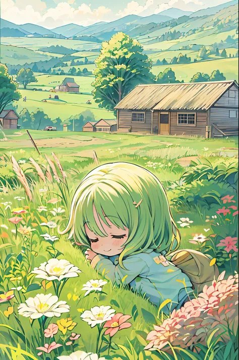 kawaii、8 years old girl、Are sleeping、Chibi, beautiful anime scene, country scenery, Background of the field, Beautiful anime scenery, Beautiful peace scenes in anime, farming、farmhouse、 Sleep with a happy face on the grass、gentle wind