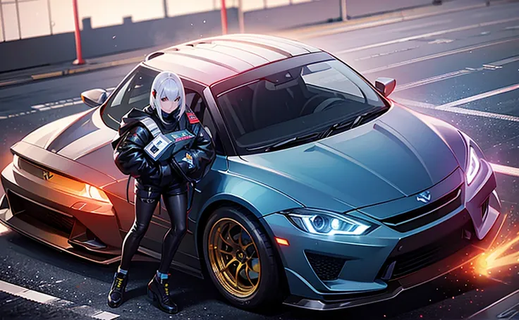 afternoon, 1 girl standing by car, cars, space suit, black car, clean spoiler, very detailed, glowing lights, cool car, cool car, rocket bunny, japan, jdm, car under glow, race track, (center frame), hires,