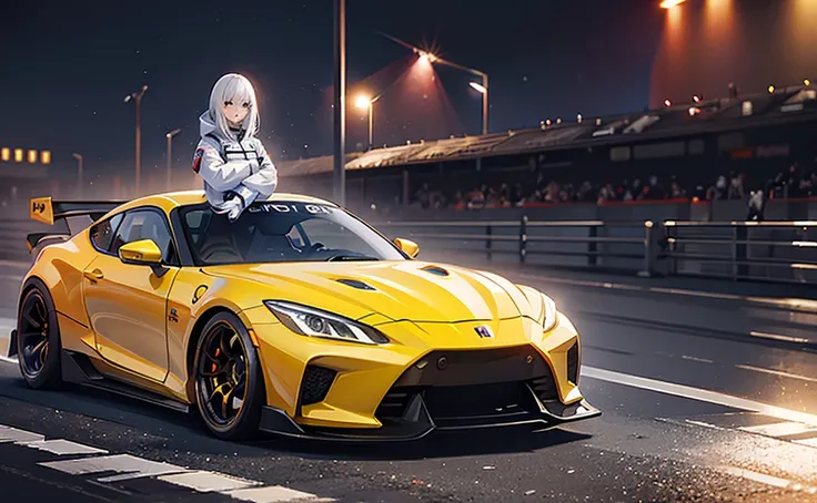 afternoon, 1 girl standing by car, cars, space suit, black car, clean spoiler, very detailed, glowing lights, cool car, cool car, rocket bunny, japan, jdm, car under glow, race track, (center frame), hires,