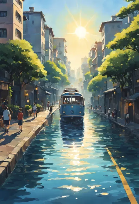 stylized anime artwork, a avali, vehicles passing smoothly, pedestrians crossing, sunlight glinting on the water below., detaile...