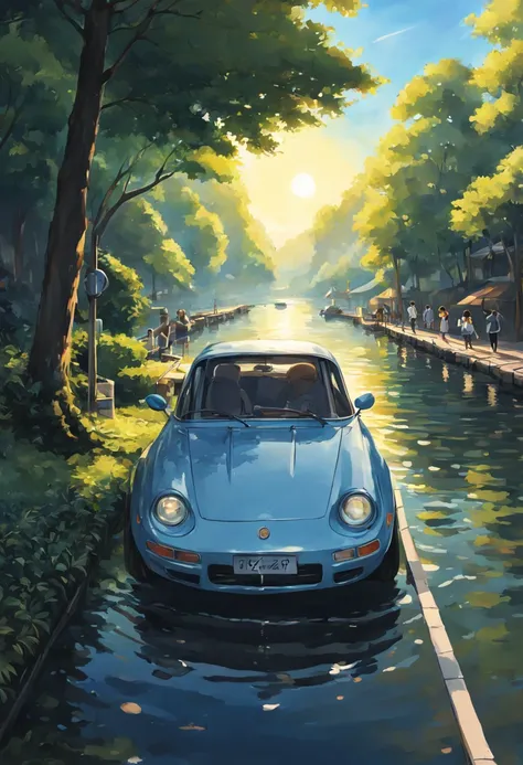 Stylized Anime artwork, a Avali, Vehicles passing smoothly, pedestrians crossing, sunlight glinting on the water below., detailed face, detailed digital acrylic painting, color graded,  studio ghibli, highly detailed