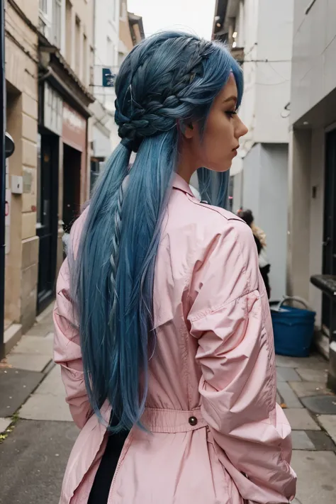 A girl in a pink jacket shows styling her long blue hair. View from the back with the head turned in profile