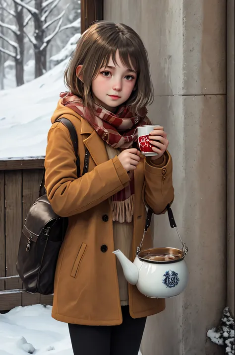 A young girl with tea in a winter place