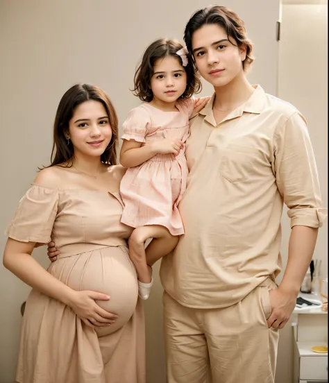 pregnant woman in beige dress with husband and daughter at a party, malika favre, portrait of family of three, marido esposa e f...